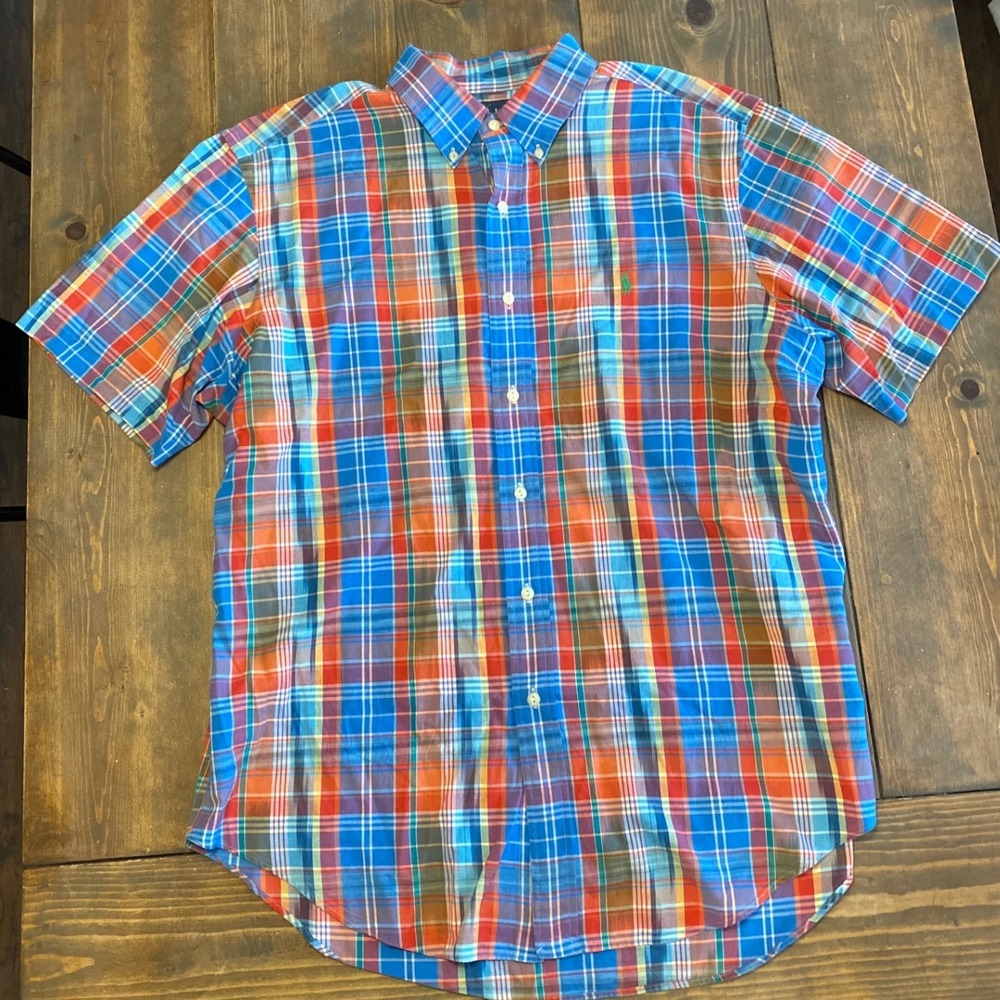 Ralph Lauren Classic Fit Plaid Short Sleeve Button Down Shirt Men XL Blue Orange - Picture 2 of 8